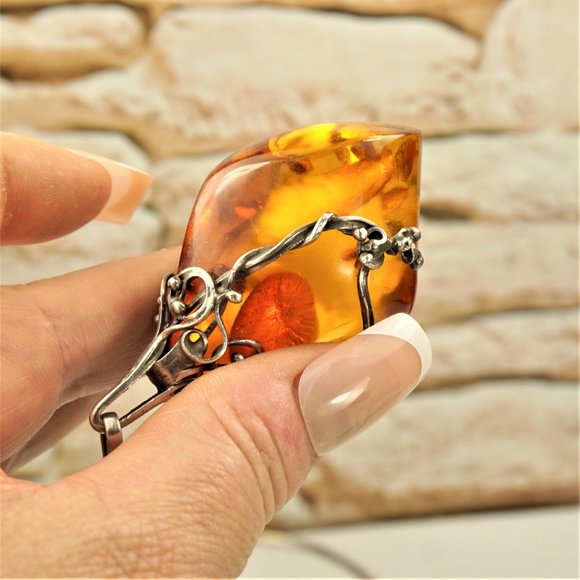 HUGE AMBER STERLING PENDANT WITH MEXICO SILVER WIRE, RARE GIFT FOR WOMEN - Picture 7 of 13